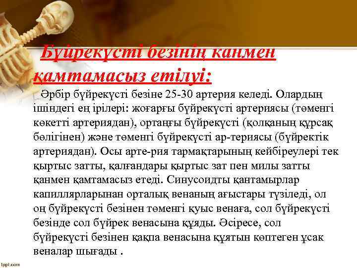 Бүйрекүсті безінің канмен қамтамасыз етілуі: Әрбір бүйрекүсті безіне 25 30 артерия келеді. Олардың ішіндегі