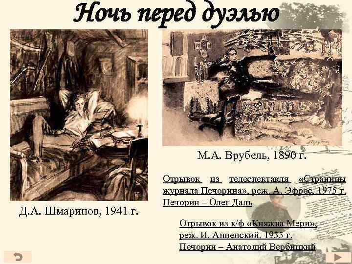 Ночь перед дуэлью М. А. Врубель, 1890 г. Д. А. Шмаринов, 1941 г. Отрывок