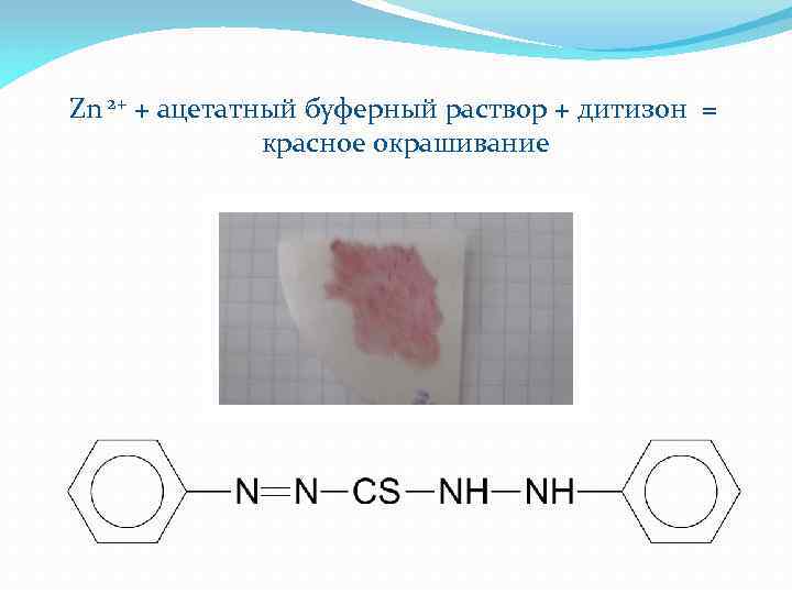 Zn 2+ + ацетатный буферный раствор + дитизон = красное окрашивание 