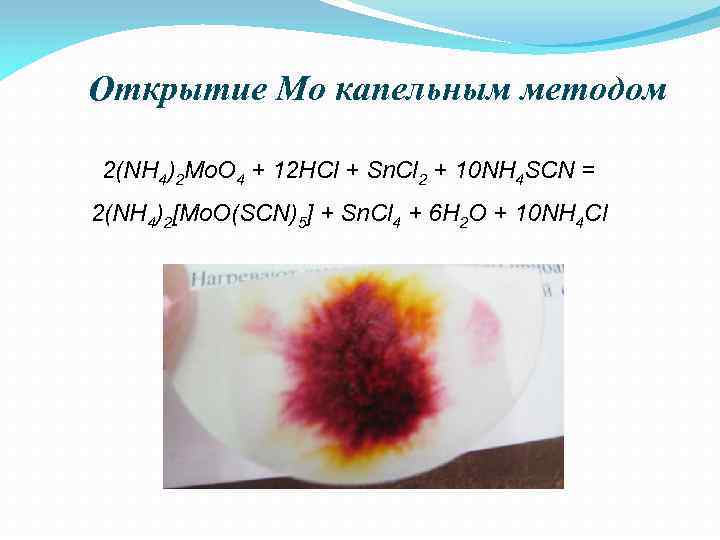 Открытие Мо капельным методом 2(NH 4)2 Mo. O 4 + 12 HCl + Sn.