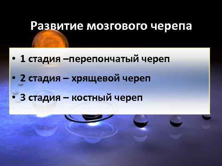 Развитие мозгового черепа • 1 стадия –перепончатый череп • 2 стадия – хрящевой череп