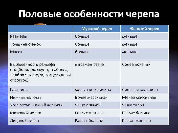 Три характеристики полового. Половые особенности черепа. Половые особенности черепа таблица. Возрастные и половые особенности черепа. Возрастные, половые и индивидуальные особенности черепа..