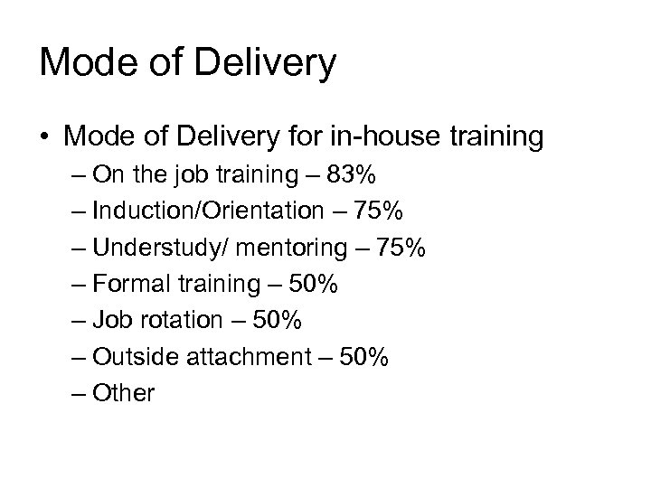 Mode of Delivery • Mode of Delivery for in-house training – On the job
