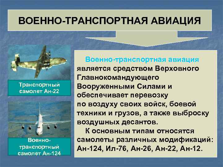 ВОЕННО-ТРАНСПОРТНАЯ АВИАЦИЯ Транспортный самолет Ан-22 Военнотранспортный самолет Ан-124 Военно-транспортная авиация является средством Верховного Главнокомандующего