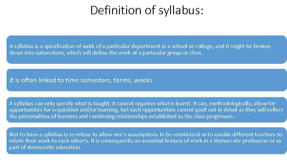 Definition of syllabus: A syllabus is a specification of work of a particular department