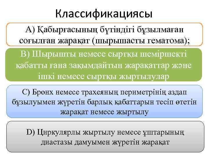 Классификациясы А) Қабырғасының бүтіндігі бұзылмаған соғылған жарақат (шырышасты гематома); B) Шырышты немесе сыртқы шеміршекті