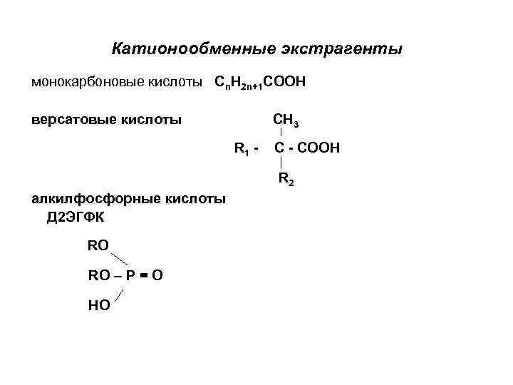 Катионообменные экстрагенты монокарбоновые кислоты Cn. H 2 n+1 COOH версатовые кислоты СН 3 R