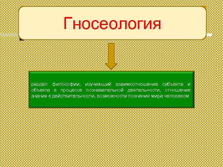 Гносеология раздел философии, изучающий взаимоотношение субъекта и объекта в процессе познавательной деятельности, отношение знания