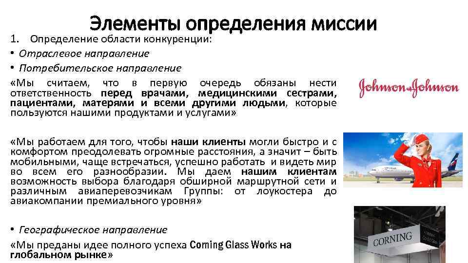Элементы определения миссии 1. Определение области конкуренции: • Отраслевое направление • Потребительское направление «Мы