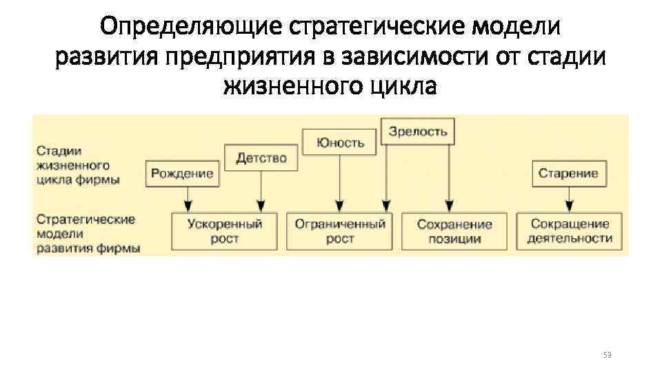 Определяющие стратегические модели развития предприятия в зависимости от стадии жизненного цикла 53 