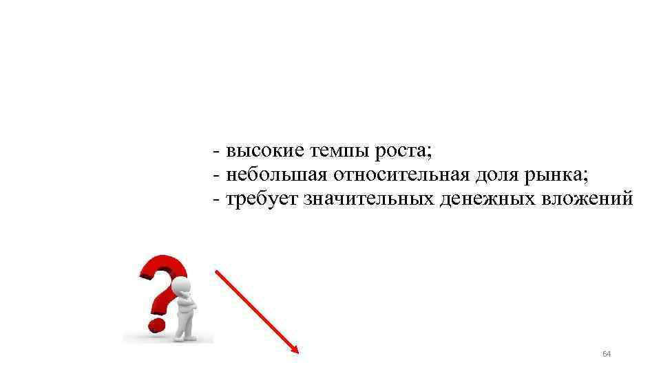  высокие темпы роста; небольшая относительная доля рынка; требует значительных денежных вложений 64 