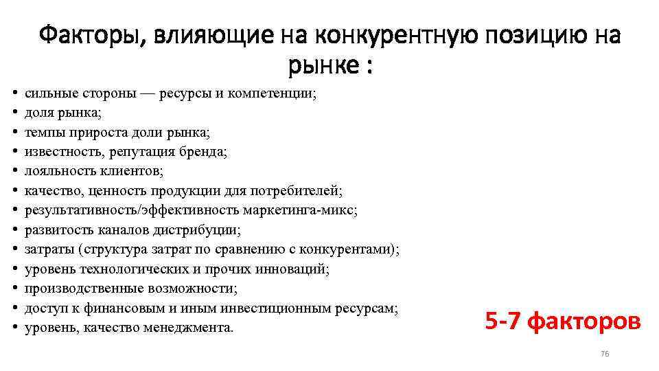 Факторы, влияющие на конкурентную позицию на рынке : • • • • сильные стороны