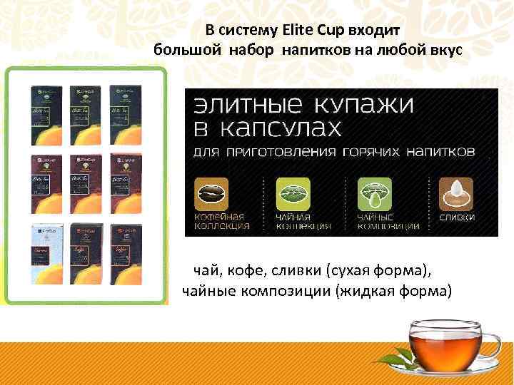 В систему Elite Cup входит большой набор напитков на любой вкус чай, кофе, сливки