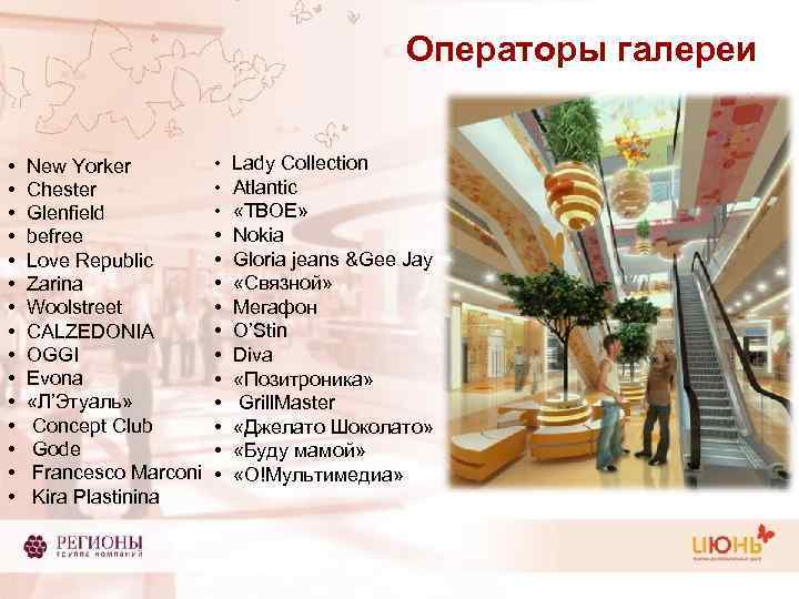 Операторы галереи • • • • New Yorker Chester Glenfield befree Love Republic Zarina