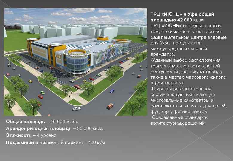 Общая площадь – 46 000 м. кв. Арендопригодная площадь – 30 000 кв. м.