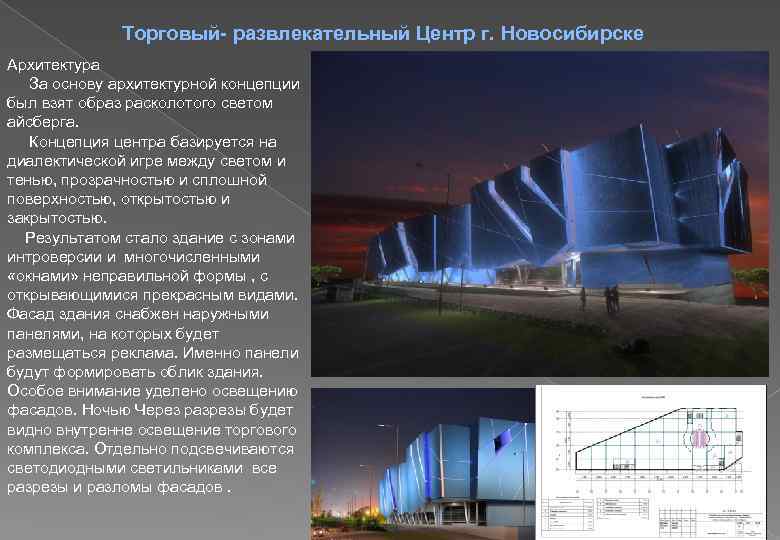 Торговый- развлекательный Центр г. Новосибирске Архитектура За основу архитектурной концепции был взят образ расколотого