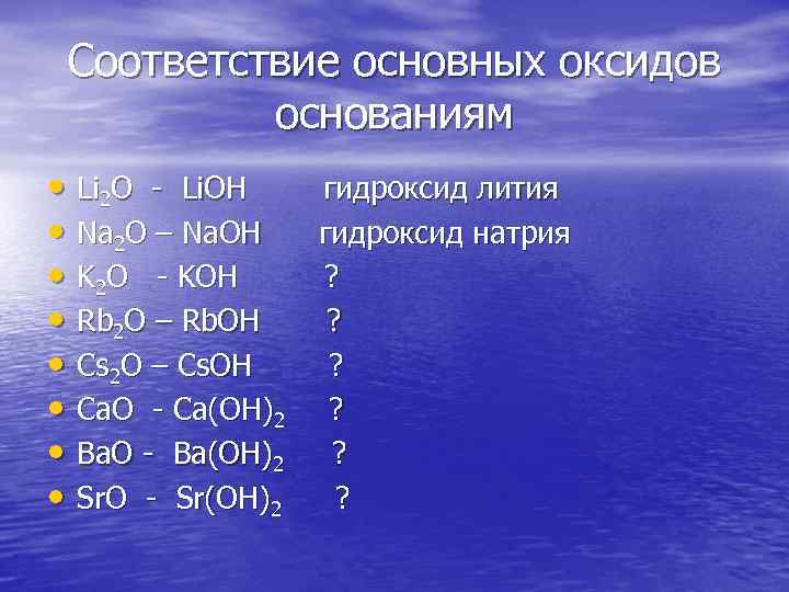 Соответствие основных оксидов основаниям • Li 2 O - Li. OH гидроксид лития •
