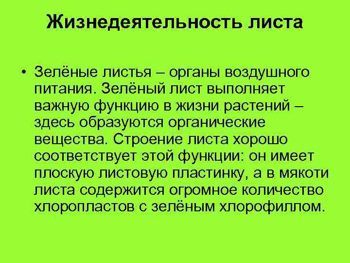 Жизнедеятельность листа • Зелёные листья – органы воздушного питания. Зелёный лист выполняет важную функцию