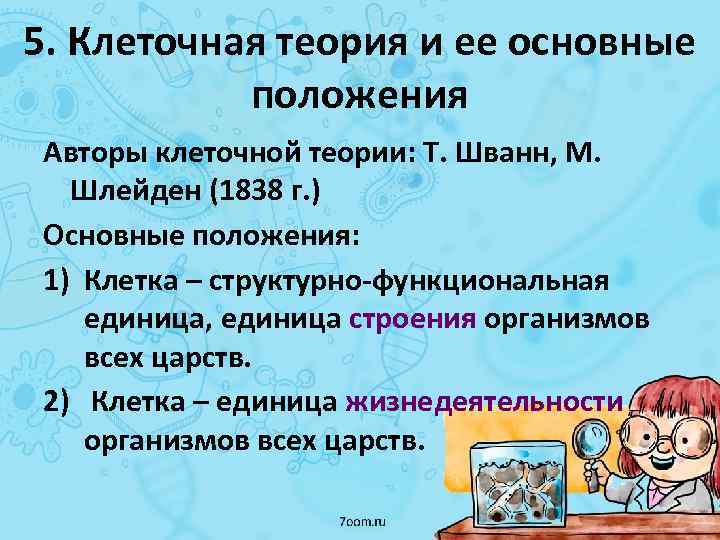 5. Клеточная теория и ее основные положения Авторы клеточной теории: Т. Шванн, М. Шлейден