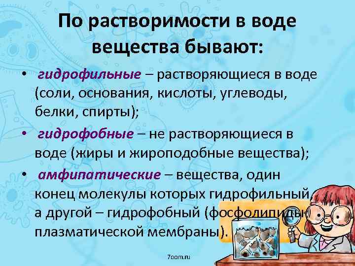 По растворимости в воде вещества бывают: • гидрофильные – растворяющиеся в воде (соли, основания,