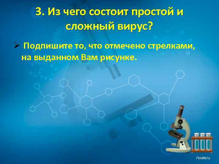 3. Из чего состоит простой и сложный вирус? Ø Подпишите то, что отмечено стрелками,