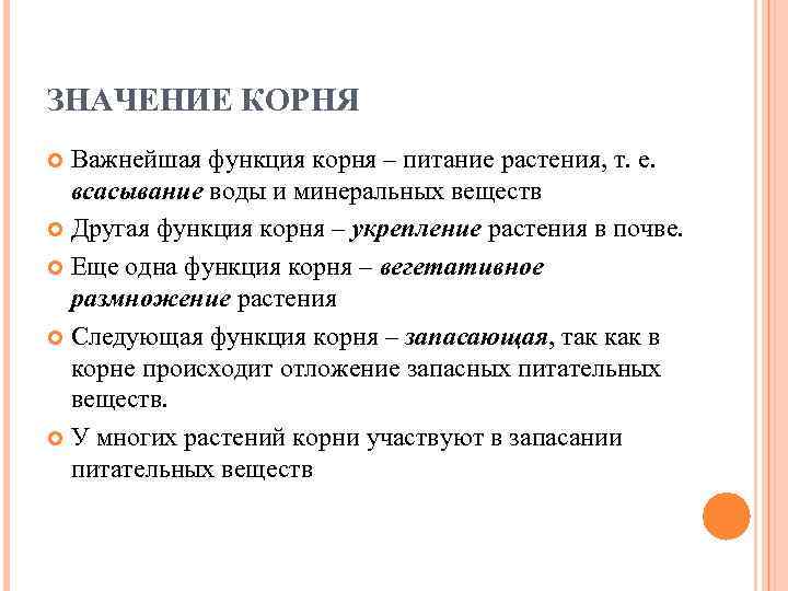 ЗНАЧЕНИЕ КОРНЯ Важнейшая функция корня – питание растения, т. е. всасывание воды и минеральных