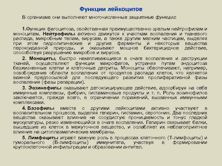 Функции лейкоцитов В организме они выполняют многочисленные защитные функции: 1. Функция фагоцитоза, свойственная преимущественно