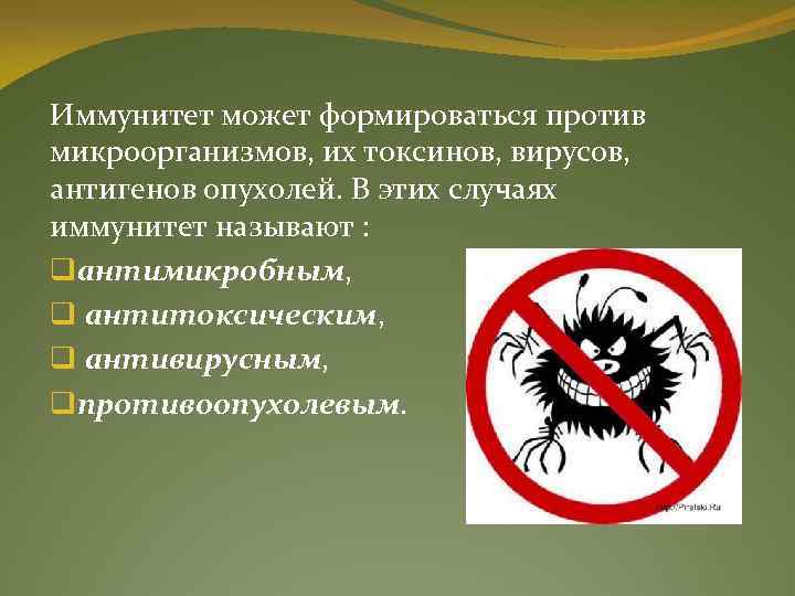 Иммунитет может формироваться против микроорганизмов, их токсинов, вирусов, антигенов опухолей. В этих случаях иммунитет