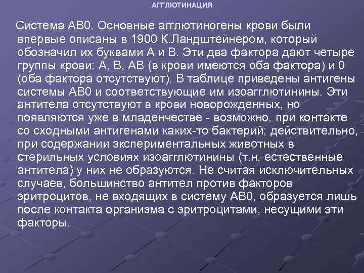 АГГЛЮТИНАЦИЯ Система АВ 0. Основные агглютиногены крови были впервые описаны в 1900 К. Ландштейнером,