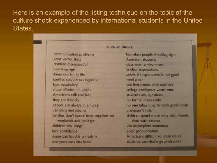 Here is an example of the listing technique on the topic of the culture