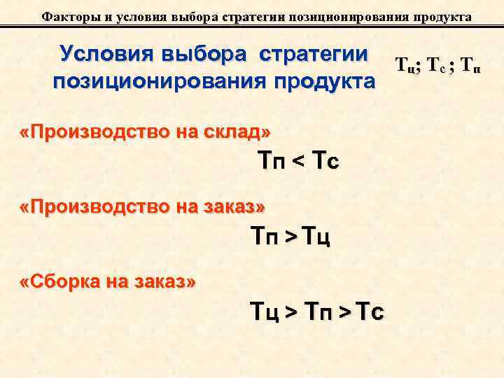 Факторы и условия выбора стратегии позиционирования продукта стратегии Условия выбора стратегии Т ; T