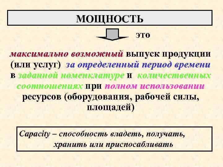 МОЩНОСТЬ это максимально возможный выпуск продукции возможный (или услуг) за определенный период времени в