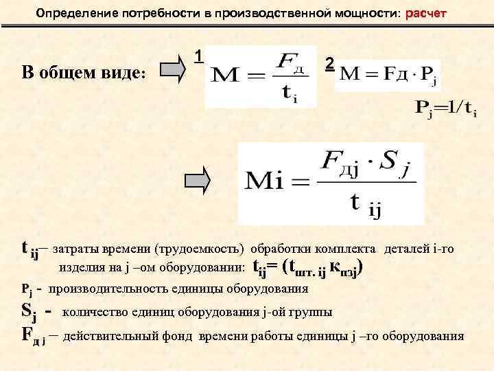 Определение потребности в производственной мощности: расчет 1 2 В общем виде: t ij– затраты