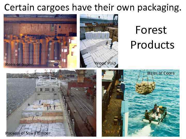 Certain cargoes have their own packaging. Forest Products Reels of paper. Wood Pulp Bales