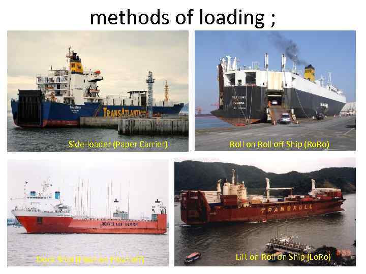 methods of loading ; Side-loader (Paper Carrier) Dock Ship (Float on Float off) Roll