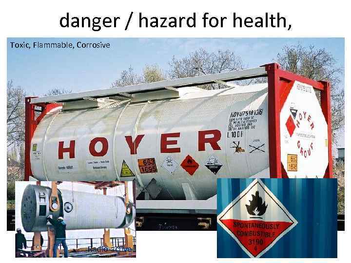 danger / hazard for health, Toxic, Flammable, Corrosive Radio-active 