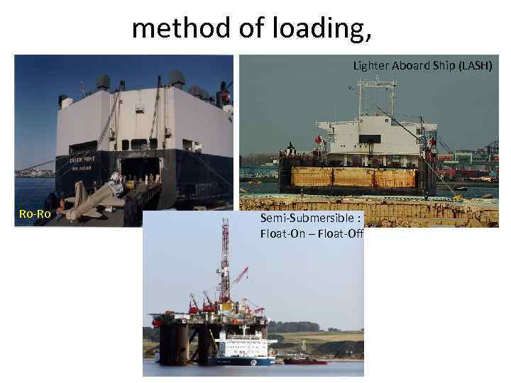 method of loading, Lighter Aboard Ship (LASH) Ro-Ro Semi-Submersible : Float-On – Float-Off 