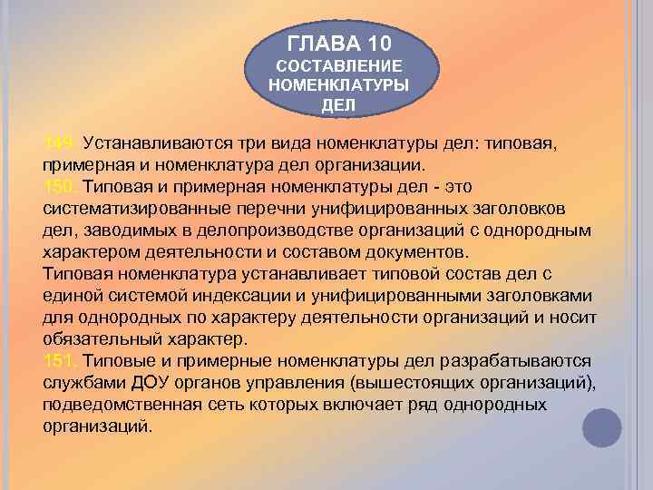 ГЛАВА 10 СОСТАВЛЕНИЕ НОМЕНКЛАТУРЫ ДЕЛ 149. Устанавливаются три вида номенклатуры дел: типовая, примерная и