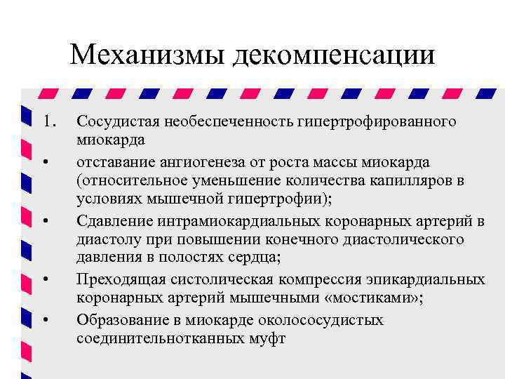 Механизмы декомпенсации 1. • • Сосудистая необеспеченность гипертрофированного миокарда отставание ангиогенеза от роста массы