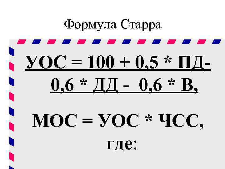 Формула Старра УОС = 100 + 0, 5 * ПД 0, 6 * ДД