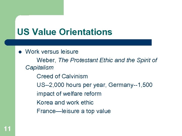 US Value Orientations l 11 Work versus leisure Weber, The Protestant Ethic and the