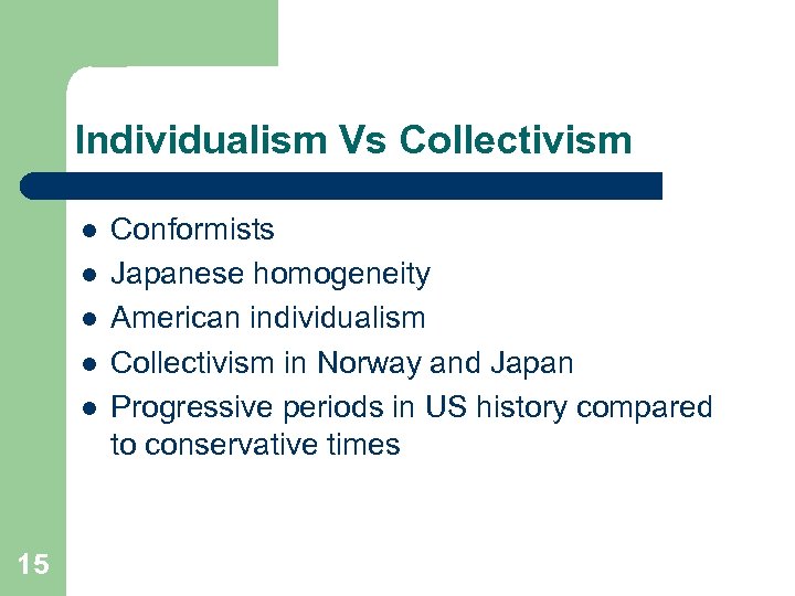 Individualism Vs Collectivism l l l 15 Conformists Japanese homogeneity American individualism Collectivism in