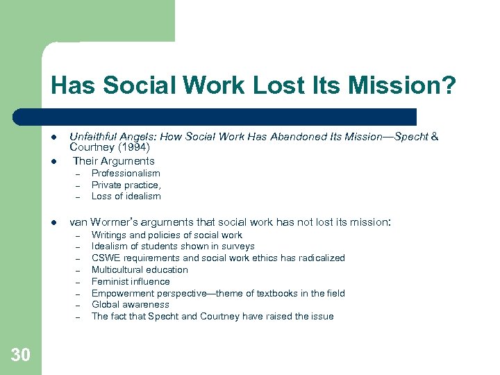 Has Social Work Lost Its Mission? l l Unfaithful Angels: How Social Work Has