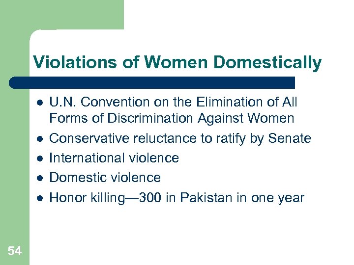 Violations of Women Domestically l l l 54 U. N. Convention on the Elimination