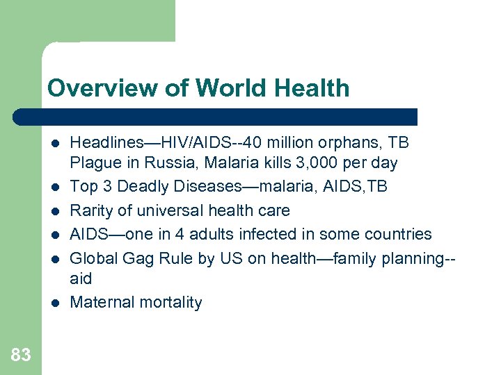 Overview of World Health l l l 83 Headlines—HIV/AIDS--40 million orphans, TB Plague in