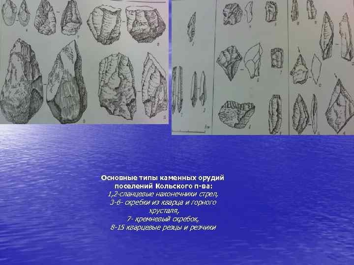 Основные типы каменных орудий поселений Кольского п-ва: 1, 2 -сланцевые наконечники стрел, 3 -6