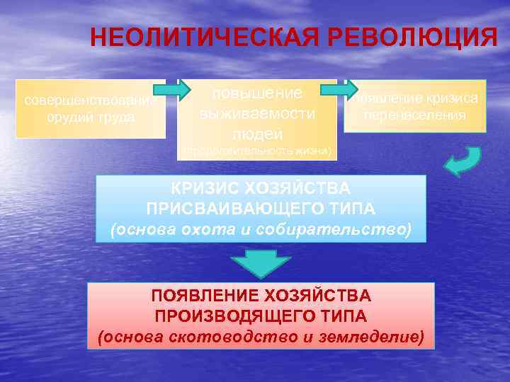 НЕОЛИТИЧЕСКАЯ РЕВОЛЮЦИЯ совершенствование орудий труда повышение выживаемости людей появление кризиса перенаселения (продолжительность жизни) КРИЗИС