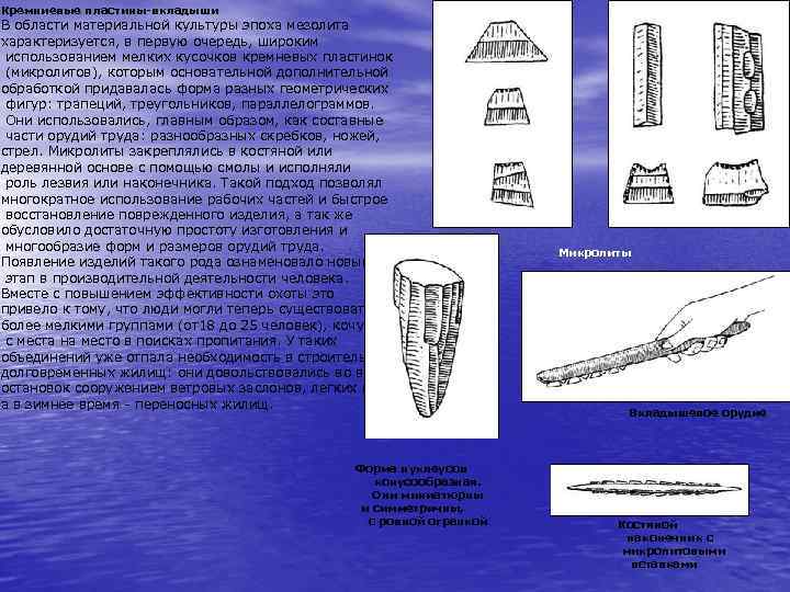 Кремниевые пластины-вкладыши В области материальной культуры эпоха мезолита характеризуется, в первую очередь, широким использованием