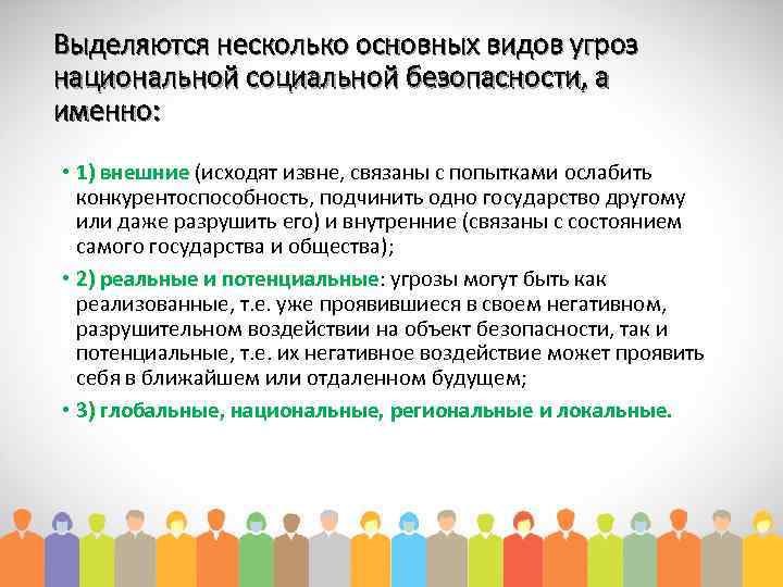Выделяются несколько основных видов угроз национальной социальной безопасности, а именно: • 1) внешние (исходят