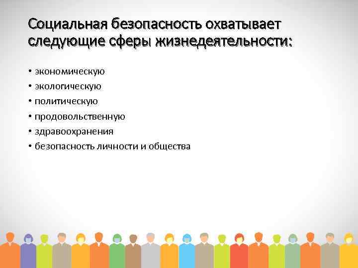 Социальная безопасность охватывает следующие сферы жизнедеятельности: • экономическую • экологическую • политическую • продовольственную